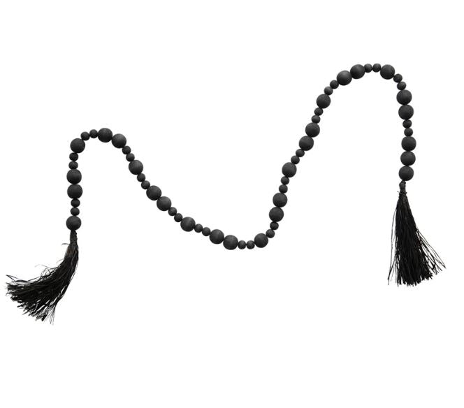 BLACK WOOD BEAD GARLAND WITH TASSELS