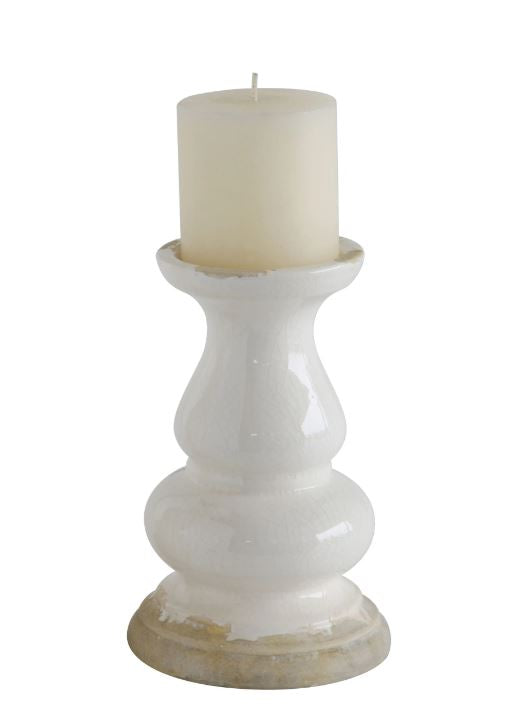 WHITE DISTRESSED STONEWARE CANDLE HOLDER