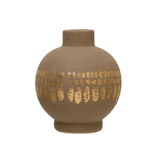 STONEWARE TAPER HOLDER VASE W/ GOLD PATTERN