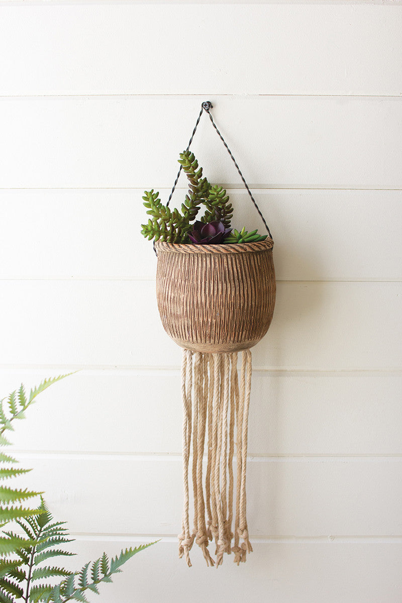 TEXTURED HANGING CLAY POT WITH COTTON FRINGE