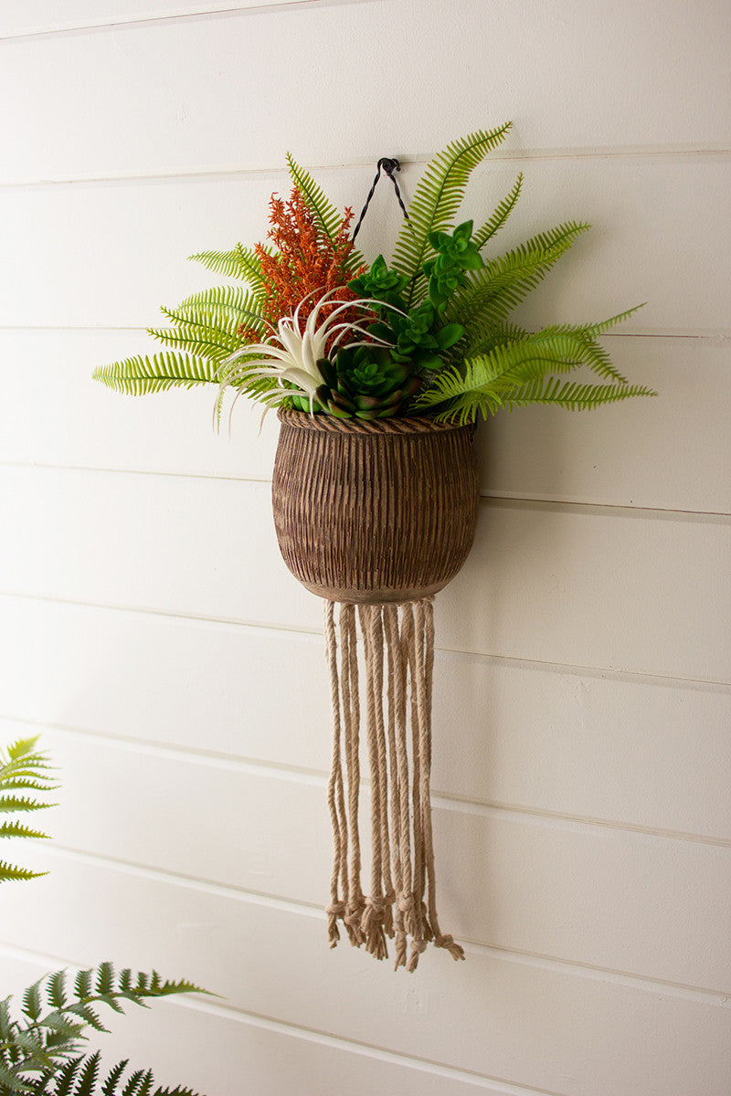 TEXTURED HANGING CLAY POT WITH COTTON FRINGE