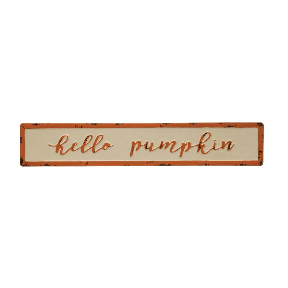 HELLO PUMPKIN EMBOSSED ENAMELED METAL WALL SIGN