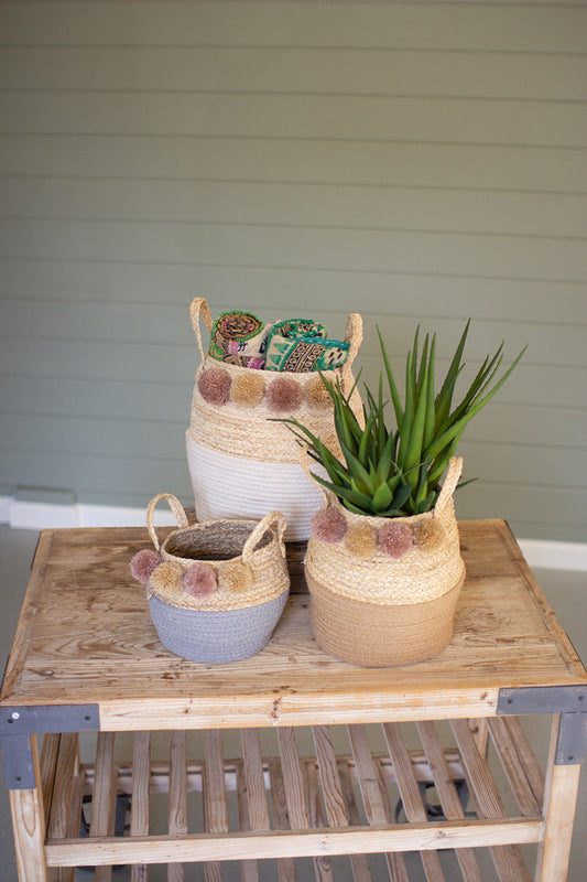 SEAGRASS AND COTTON FOLDING BASKETS WITH POM POMS